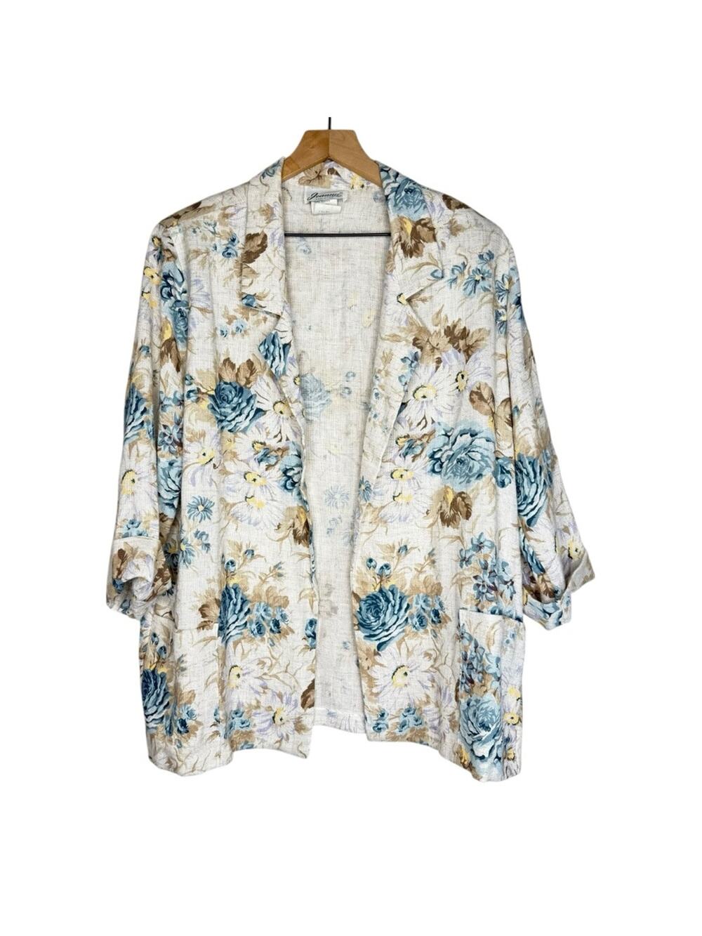 Vintage 90s Joanna Floral Blazer Jacket Linen Flax Blend Made in USA Size Large